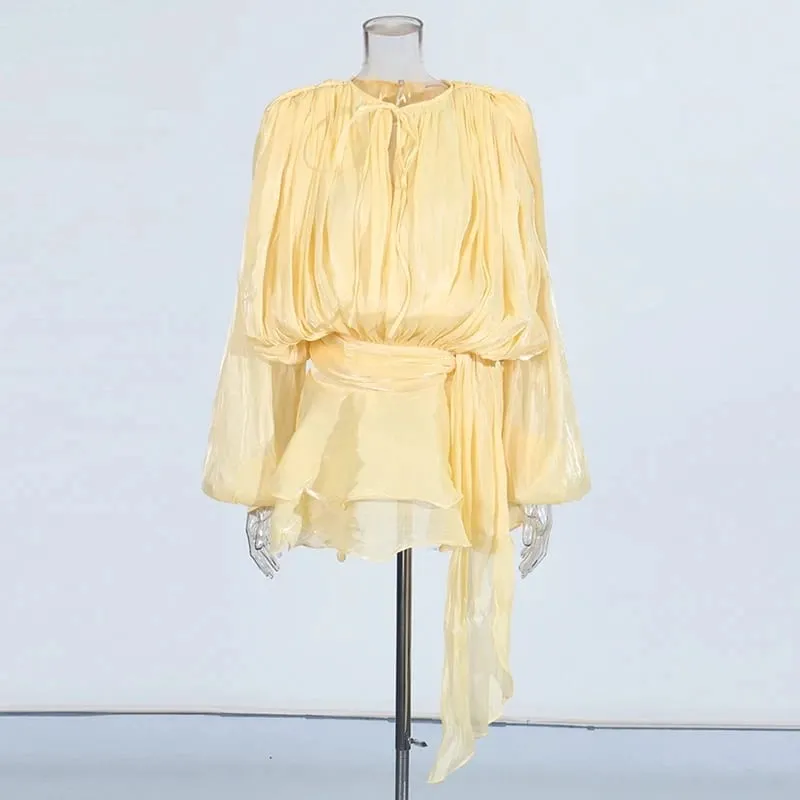 Solid Spliced Lace Up Loose Dresses For Women O Neck Long Sleeve High Waist Temperament Dress Female Fashion New — image 16