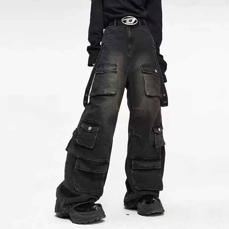 Autumn Y2K High Street Jeans Mens Multi-Pocket Hiphop Cargo Pants Vintage Straight Wide-Leg Denim Trousers Fashion Streetwear
