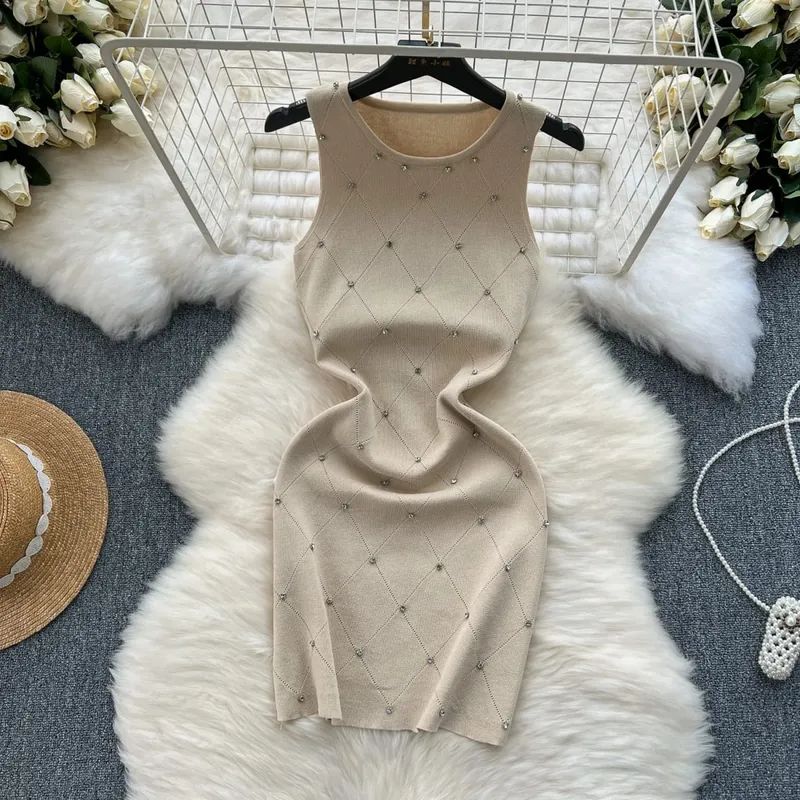 Beading Summer Women's Knitting Sheath Tank Dress Female Bodycon Knitted Camisole Sleeveless Mini Dresses For Woman Outfits