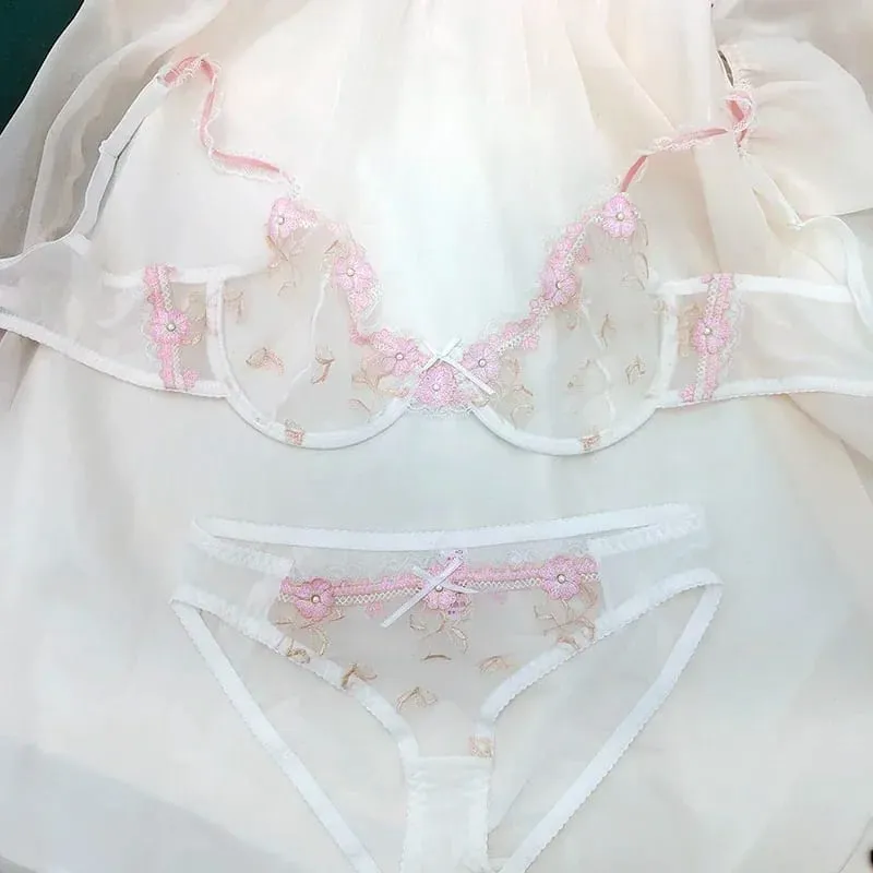 Embroidery Lace Push-Up Bra Set Full Bust Petite Adjustable Lift Support Anti-Sagging Breathable Sexy Lingerie for Women