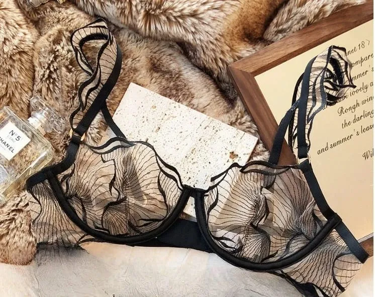 French Floral Embroidery Lace Bra Set For Women Ultra Thin Sheer Minimizer Bra Hollow Out Lingerie Brassiere Lightweight Fabric — image 8