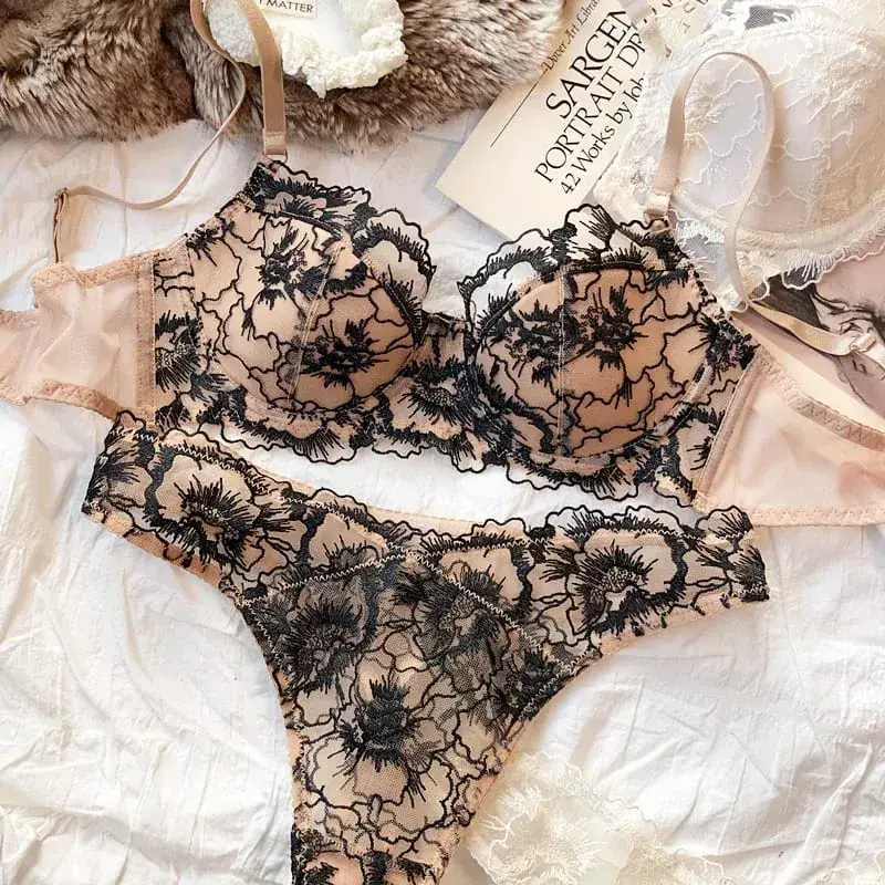 Sexy Lace Flowers Embroidery Bra Set Thin 3/4 Cup Push Up Lingerie For Women Summer Breathable Comfort Brassiere Underwear Sets — image 6