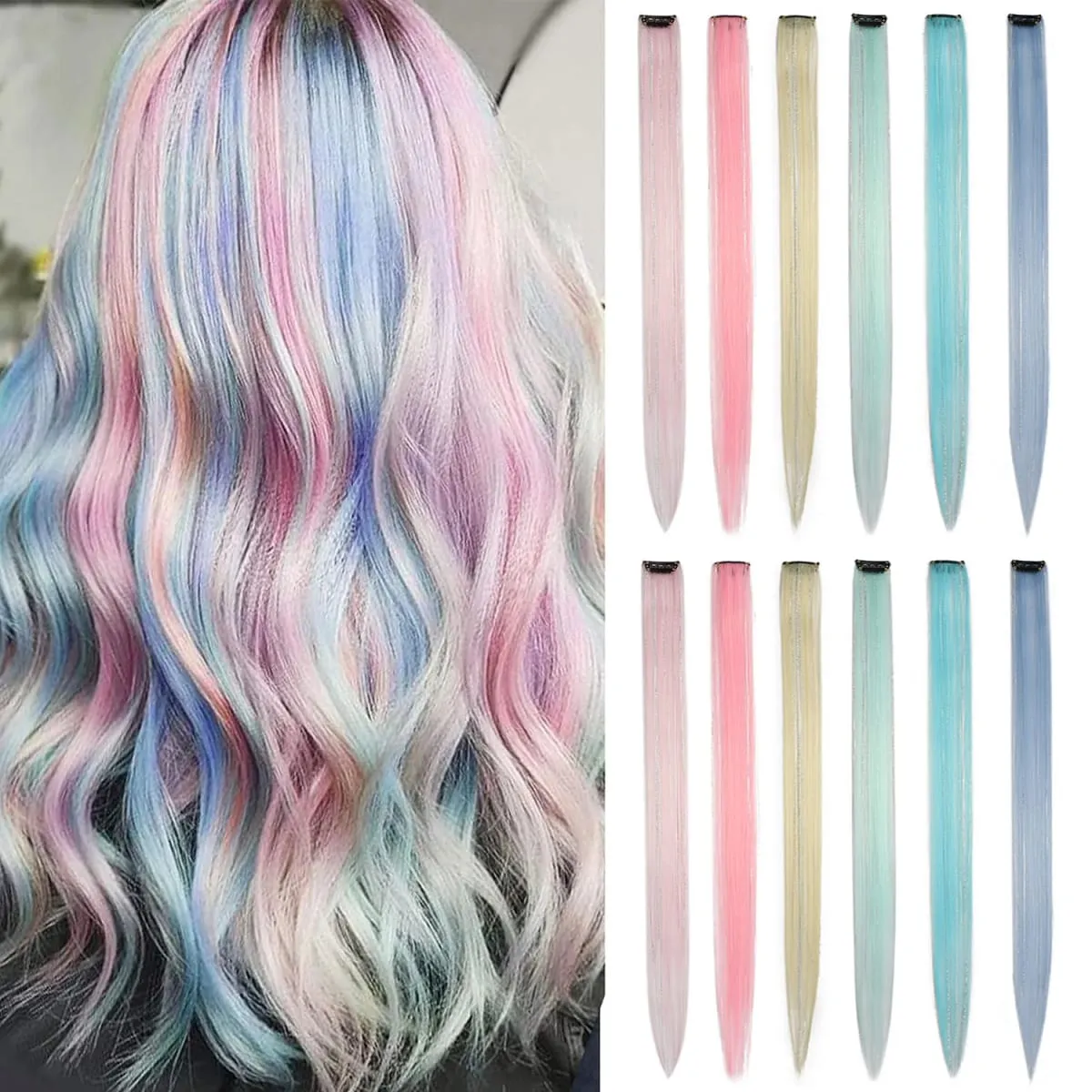 Multicolor Clip in Hair Extensions Mix tinsels Colored Hair Extensions 2 in 1 Rainbow Hair with Silver Tinsels for Kids Girls — image 11