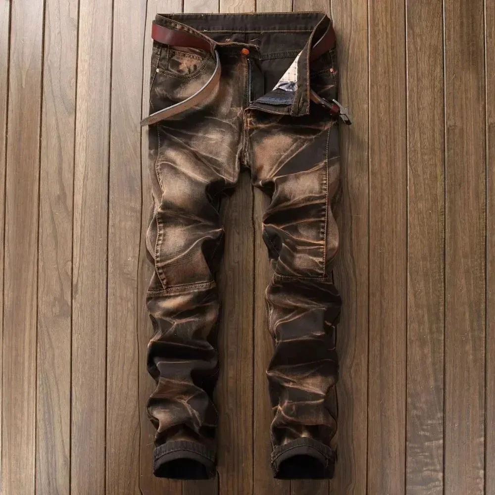 Jeans Men Vintage Distressed Pencil Pants Mid Waist Zipper Pockets Slim Ankle Length Trousers Straight Denims 2024 Streetwear — image 6
