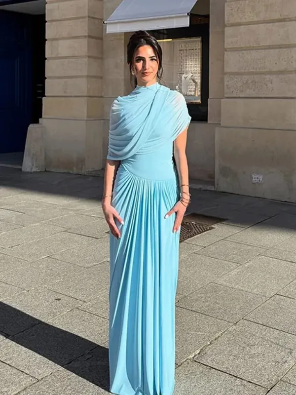 Irregular Pleated Ruched Maxi Dress Women's Backless Turtleneck Slim High Waist Robes Summer Lady Chic Street Vestidos 2025 New — image 10