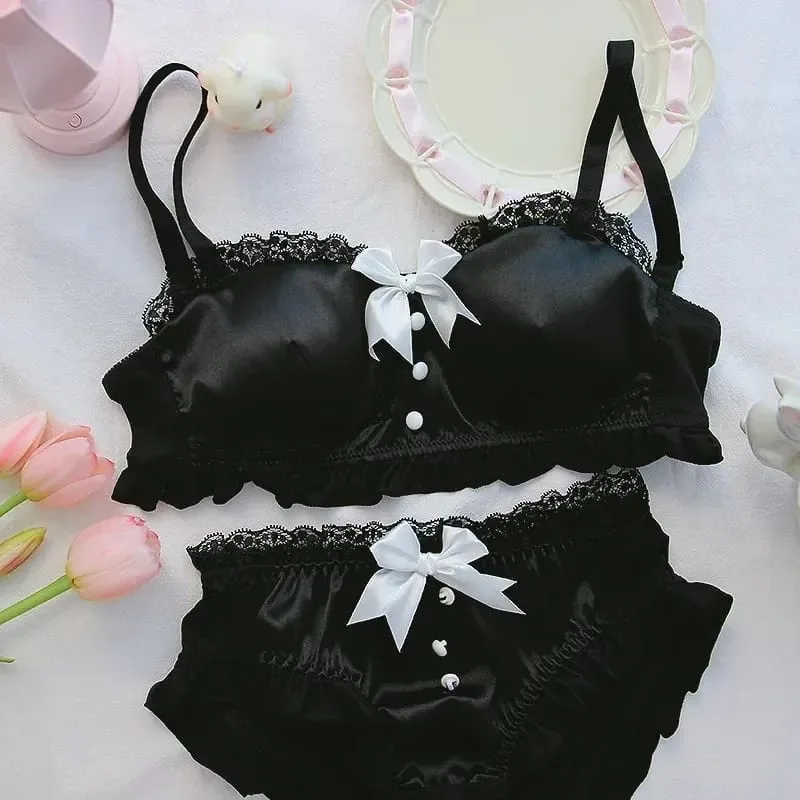 Set di lingerie dolce retrò giapponese, morbido e carino pigiama con fiocco, confortevole, senza reggiseno ad anello in acciaio, per petto piccolo — image 5