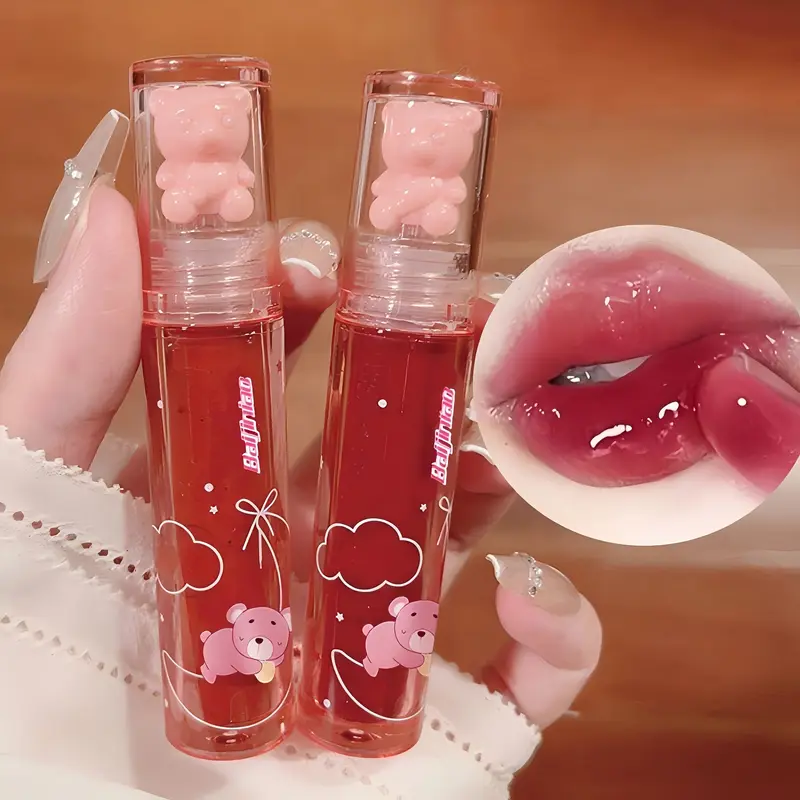 6 color lip glaze cute little bear mirror gloss jelly lips with sparkling light dew water long-lasting stain resistant trans — image 1