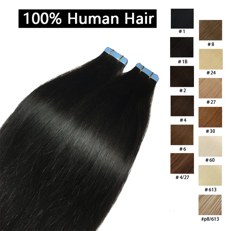 Tape In Straight Human Hair Extensions Brazilian Hair Adhesive Extensions Skin Weft Black Brown 100% Real Human Hair for Women — image 2