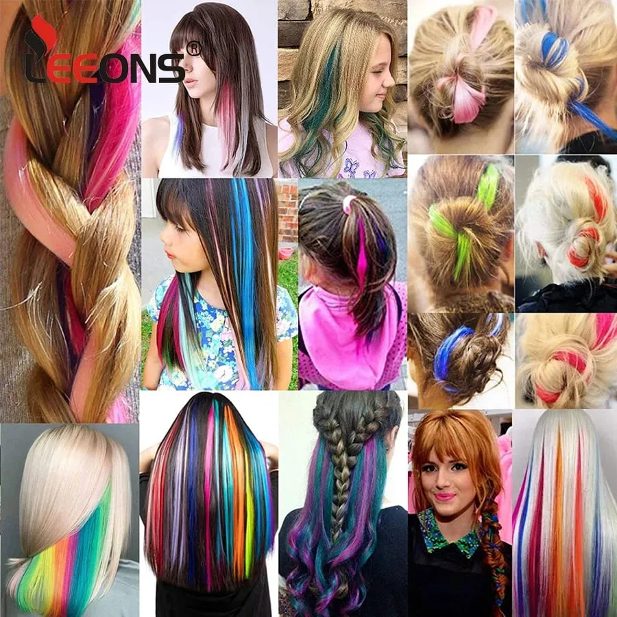 Straight Colored Hair Piece Hair Extensions Clip In Highlight Rainbow Hair Pink Blue Purple Synthetic On Clips For Women Girls — image 7
