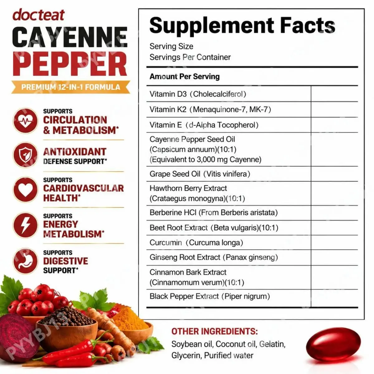 Docteat Cayenne Pepper softgels s vitaminem D3 a K2 pro energetický metabolismus a podporu trávení Antioxidační obrana 180 měkkých gelů — image 2