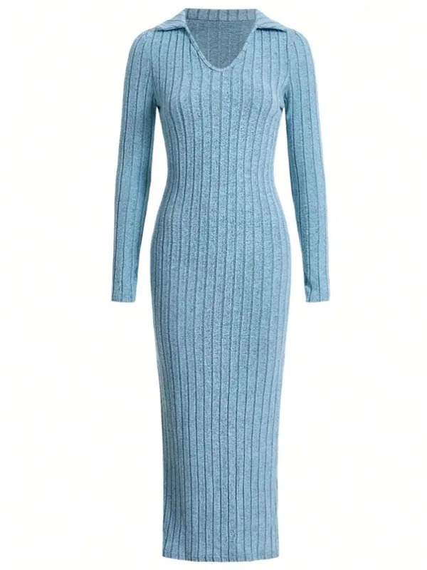 Spring and summer 2024 new style knitted slim lapel long sleeve dress pit strip solid color tight skirt — image 8