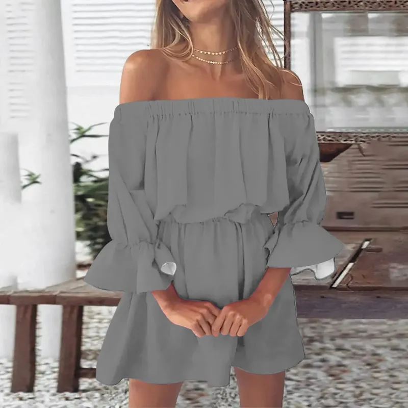 Sexy Off Shoulder Tunic Dress Women Solid Color Flare Sleeve Elastic Waisted Short Dresses Streetwear Midi Dress Ropa De Mujer