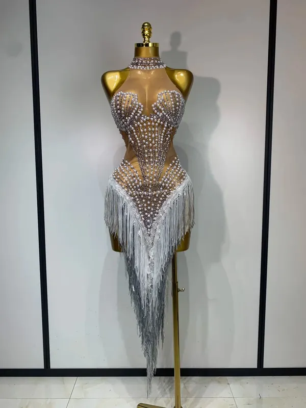 Sexet scenekostume Glitrende Rhinestone Mesh Gennemsigtige pailletter kvast Aften Fødselsdagsfest Natklub Dans Sanger Outfit — image 7