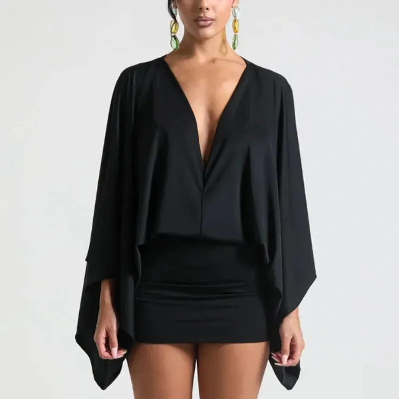 New Autumn Chic Deep V-Neck Boho Dress Retro Solid Spliced Flare Sleeve Prom Dress Spring Woman Club Elegant Slim Fit Mini Dress