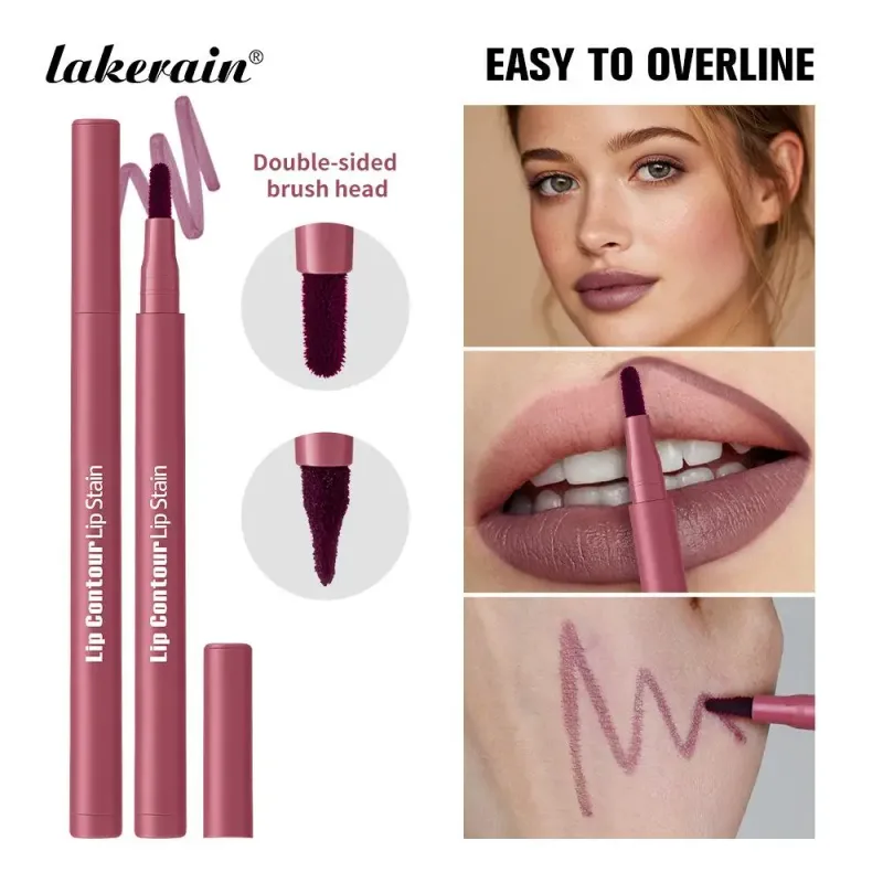 2-in-1 Lip Contour Stain Lip Tint Soft Nude Lip Makeup Smudge-proof Non-stick Cup Moisturizing Lip Stain & Liner Pen Long-wear