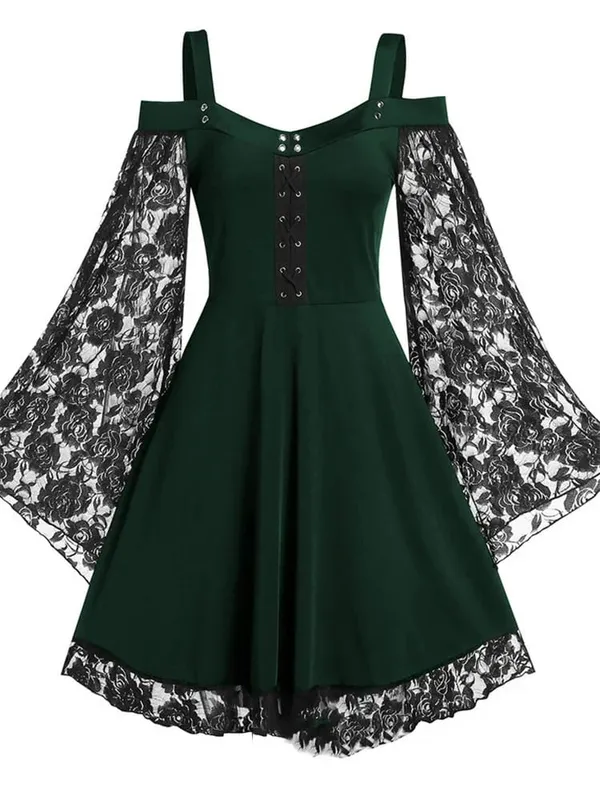 2022 New Gothic One-shoulder Lace Stitching Flared Sleeve Dress Literary Vintage Autumn Grunge Black A-line Dress Punk Partywear