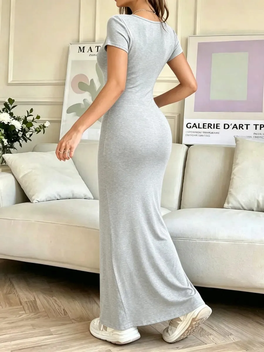 Women Square Neck Short Sleeve Maxi Dress Stretch Knit Bodycon Solid Color Slim Fit Long Casual Party Dresses — image 2