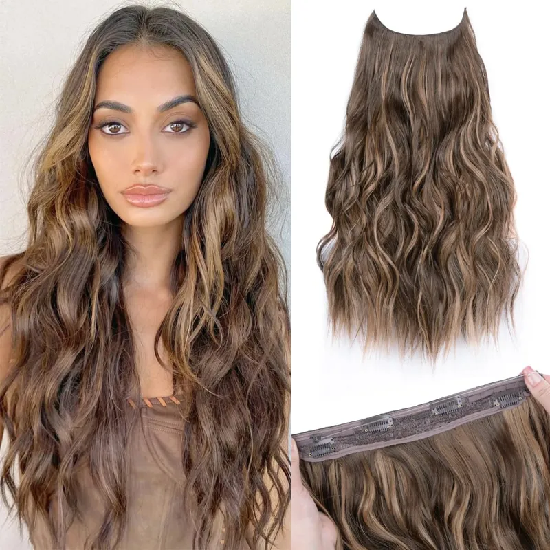 Synthetic 4 Clips Invisible Wire Hair Extensions Long Wavy Natural Fish Line One Piece False Hairpiece Hair Extension For Women
