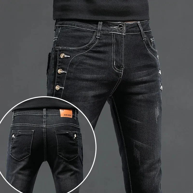 New Men Slim Korean Button Jeans Black Skinny Solid Color Stretch Multi-button Youth Male Denim Pants Streetwear — image 2