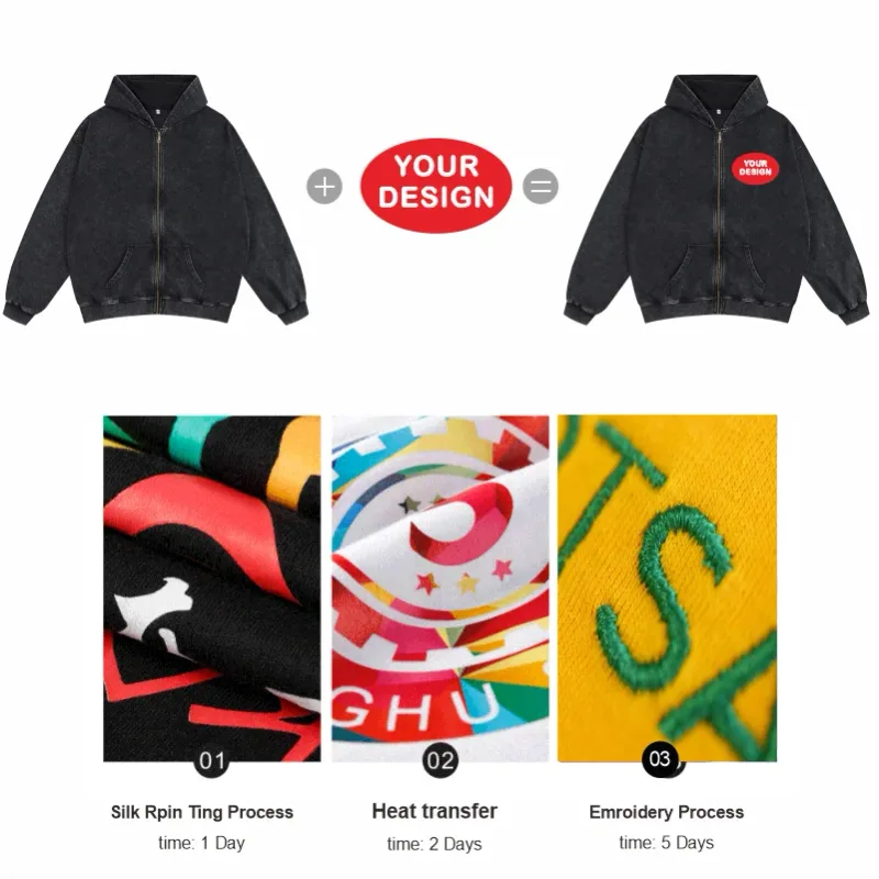 Wax Dyed Wool Zipper Hooded Sweatshirt Pants Set Custom Logo Printing Embroidery Retro Washed Old Street Set — image 16