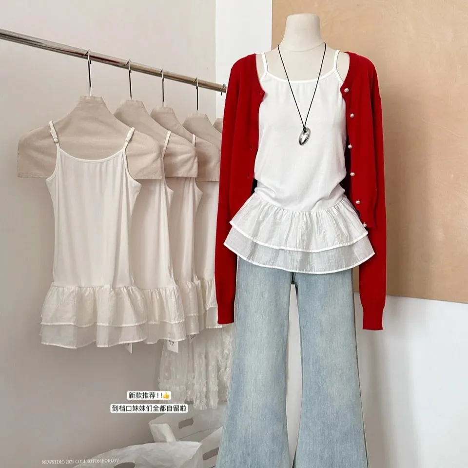 White Camisole Top for Women with Ruffle Double-layer Skirt Women Sleeveless Tank Top Splicing Slimming Strapless Base Vest Tee — image 3