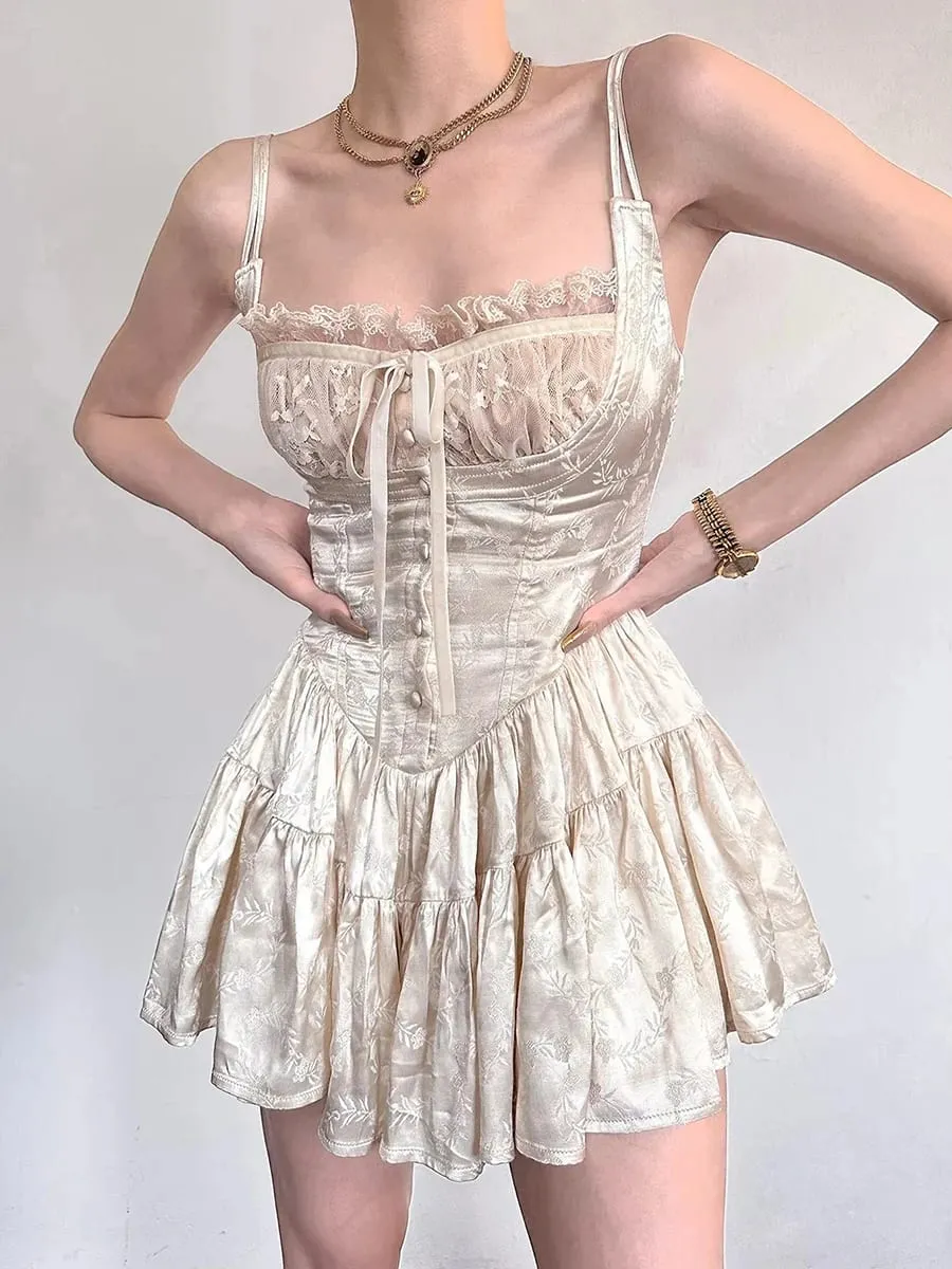 REDDACHiC Medieval Retro Satin Mini Dress & Lace Shorts Coquette Floral Corset Camisole Rompers Date Party Summer Women Clothes — image 4