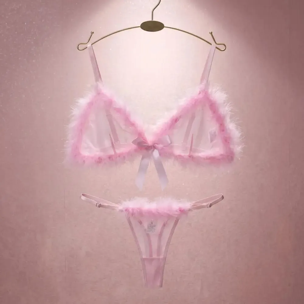 Furry Women's Underwear Mesh Transparent Wireless Lingerie Set Bow Decor Romantic Intimate Bra Panties Suit Intimate Moments — image 2