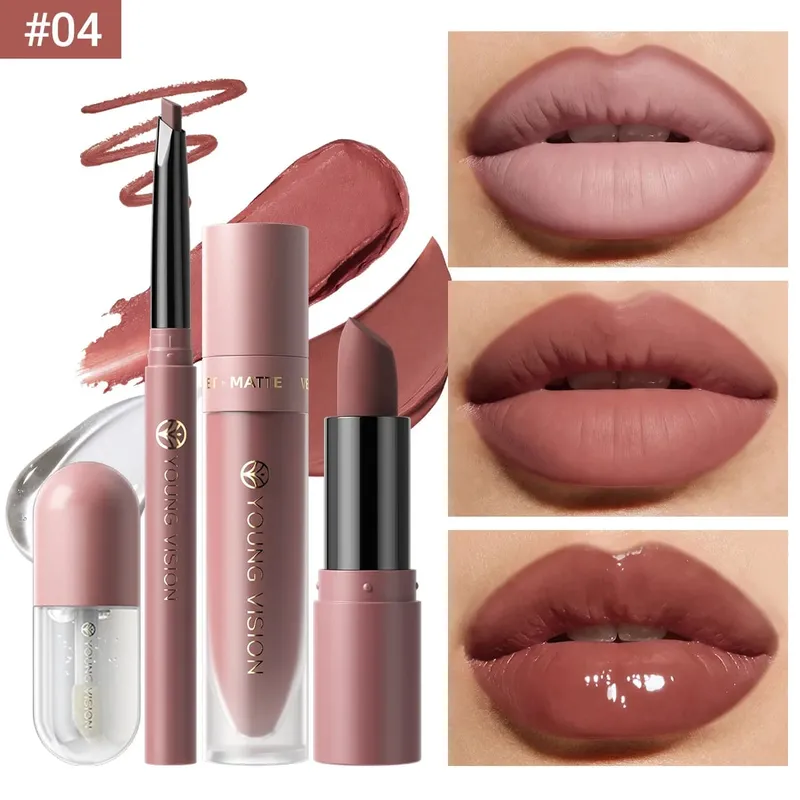 Set 4Pcs Lip Makeup Kit Liner Lipstick Liquid Lip Oil 8 Colors Optional Matte Velvet Lip for Daily Party Makeup — image 9