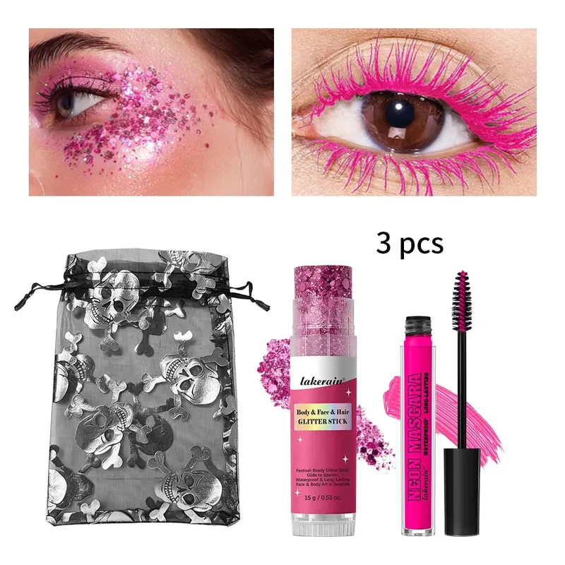 Halloween Eye Makeup Kit Purple Mascara Body Face Hair Glitter Stick with Drawstring Pouch Cosmetic Set Party Costume Festival