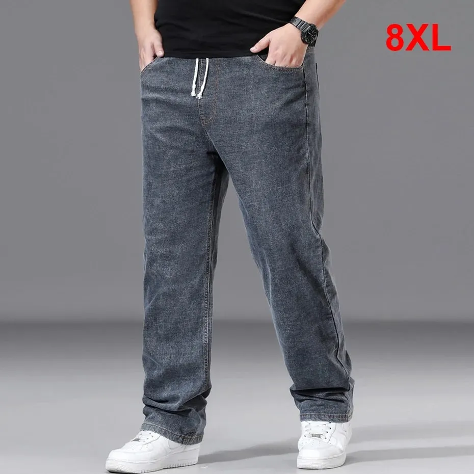 8XL Plus Size Jeans Men Solid Color Denim Pants Male Fashion Casual Baggy Jeans Elastic Waist Straight Pants