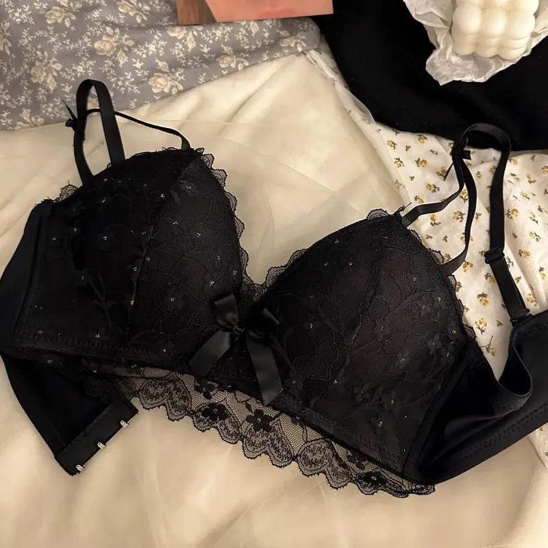 Sexy Embroidered Underwear Small Breasts Gathered Without Steel Ring Top Support Anti-Sagging Breathable Lace Lace Bra Set — image 3