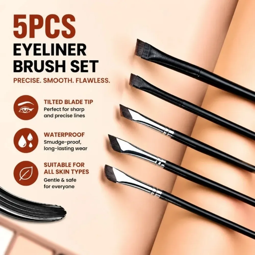 5 st Precision Eyeliner Brush Set Vinklade Eyeliner ögonbrynsborstar med långt handtag för nybörjare Make-up Artist ögonmakeup borste — image 1