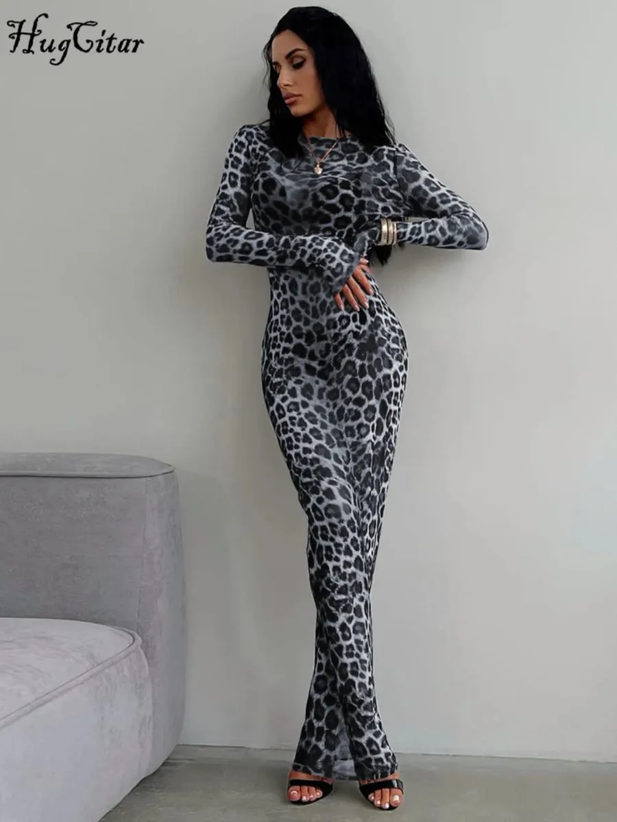 Hugcitar Leopard Print Mesh Long Sleeve Sexy Slim See Through Maxi Dress Fall Women Fashion Outfits Beach Vacation Club — image 4