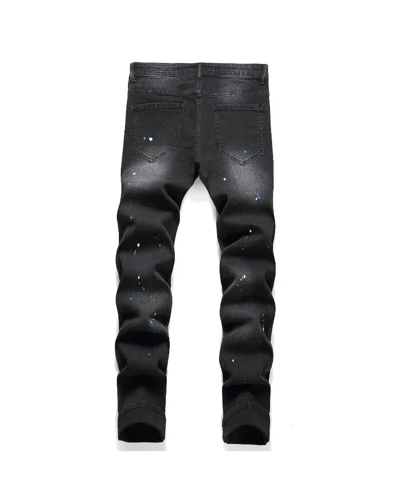 2025 Autumn New Stretch Jeans Fashionable Ripped Patchwork Slim European American Pants Male Paint Dot Hip Hop Denim Trousers — image 10