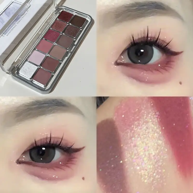 12 Color Eye Shadow Palette Matte Pearl Wine Red Eyeshadow Rose Brown Eyeshadow Glitter Shimmer Long-lasting Beginner Eye Makeup