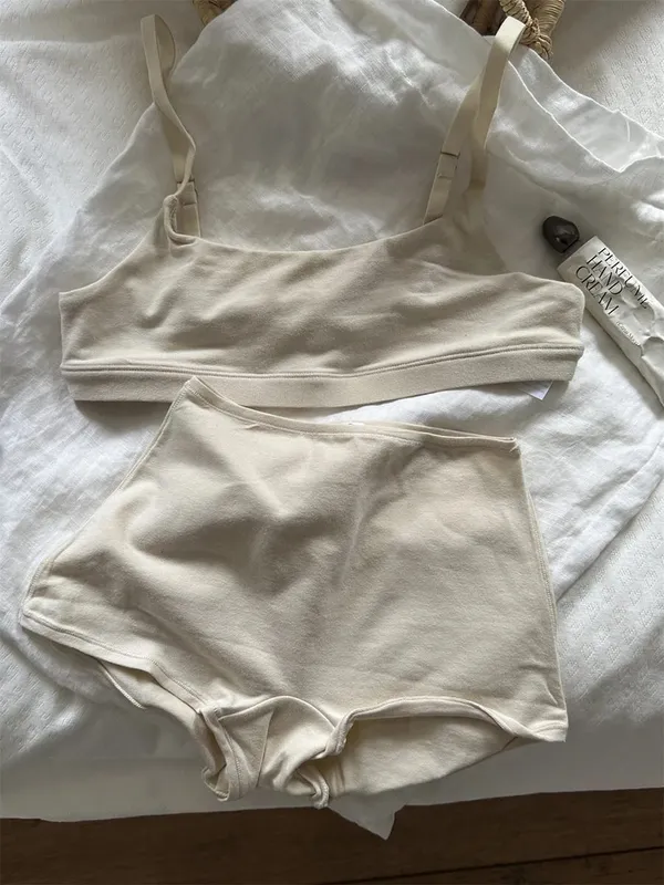Vintage Cotton Thể Thao Bộ Áo Ngực Người Phụ Nữ Điều Chỉnh-Dây Đeo Áo Ngực Đúc + Eo Thấp Quần Sịp Boxer Chắc Chắn Đơn Giản Độ Đàn Hồi Cao bộ Đồ Lót Ren