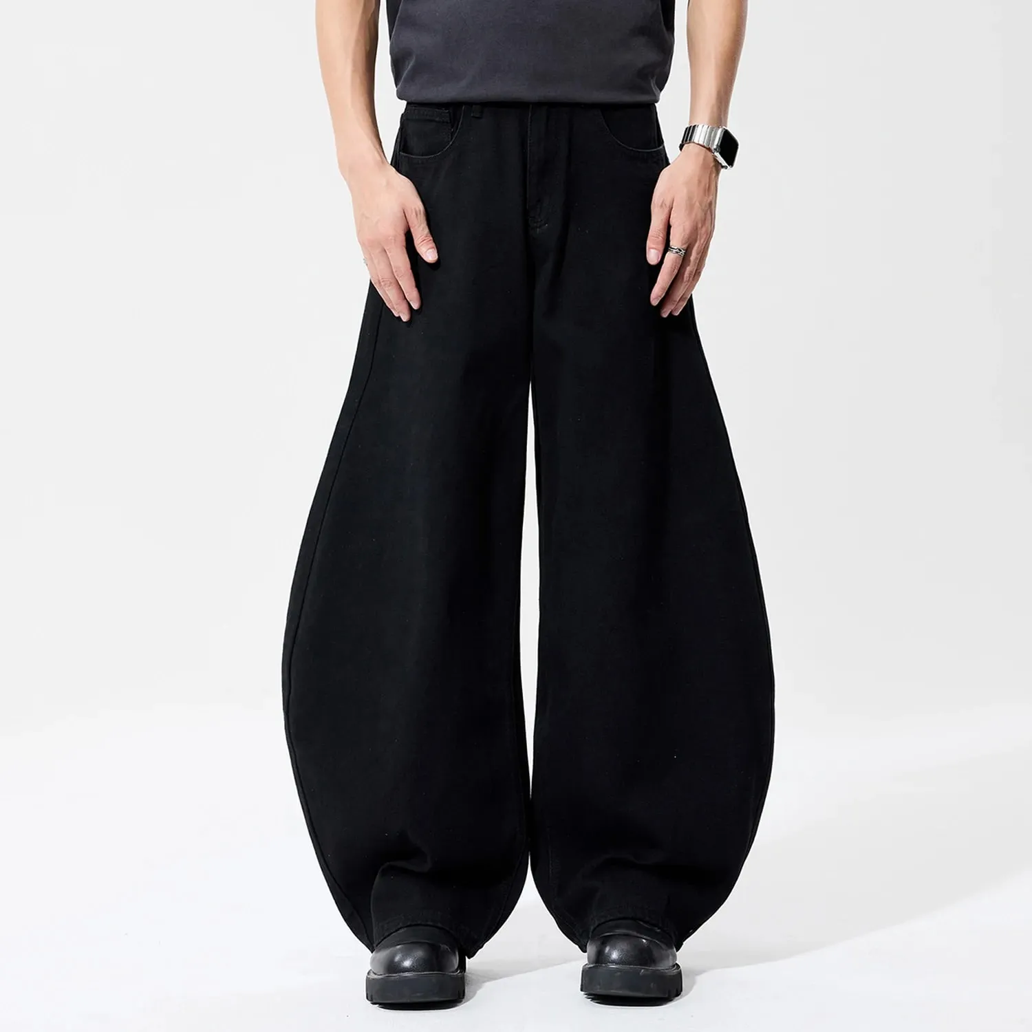 Liys Men's Black Ultra Wide Leg Jeans Baggy Fitting Denim Pants Man Solid Streetwear Daily Casual Fashion Lantern Balloon Jeans