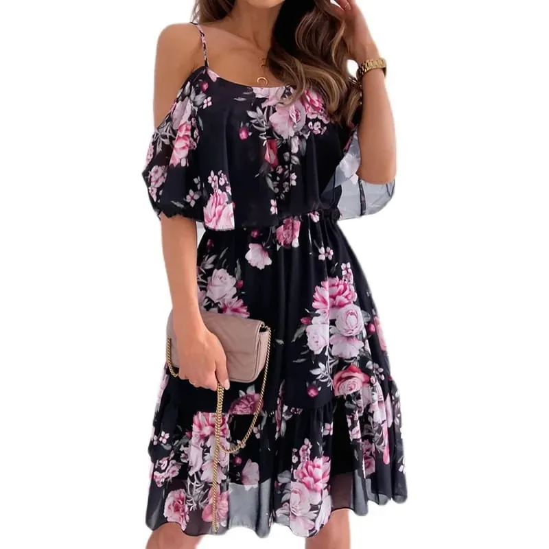Women's Summer V-Neck Sleeveless Sling Camisole Commuting Printed Chiffon Bohemian Floral Dress For Women — image 5