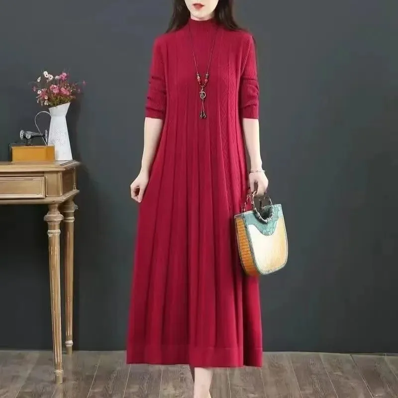 Autumn/Winter Women Knitted Dress 2025 New Solid Loose Pullover Half High Collar Long Knitted Sweater Dress Female High-Quality — image 6