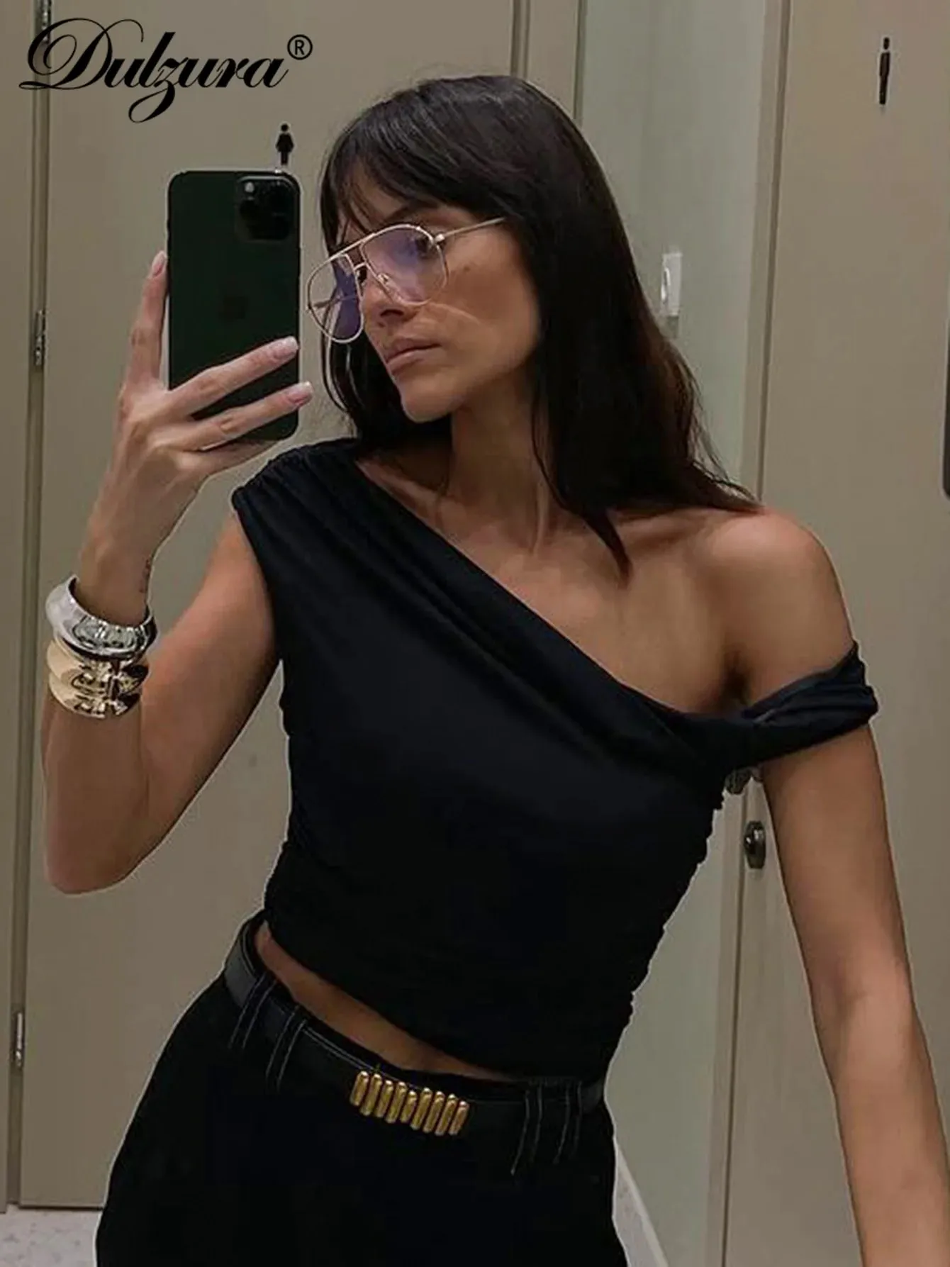 Dulzura Skew Collar Sleeveless Bodycon Ruched Tank Tops Women'S Solid Sexy Elegant Y2K Top Party Club Summer Outfit Wholesale — image 6