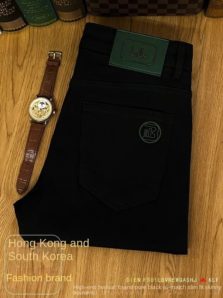 Simple All-Match Pure Color Jeans Men's 2024 High-End Business Trends Office Light Luxury Slim Fit Ankle Tight Trousers