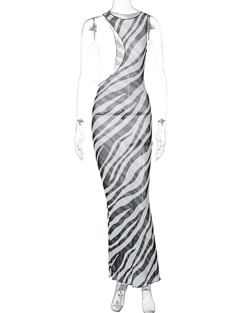 Zebra Print Long Beach Dress Cover-Ups Sexy Transparent Mesh Maxi Dress Striped Cut Out Bodycon Vacation Summer Dress Women 2023 — image 6