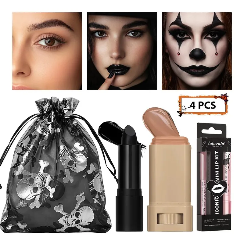 4pcs Halloween Makeup Kit Foundation Stick Black Face Painting Stick Mini Lip Liner Long-Lasting Water-Resistant Party Makeup — image 2