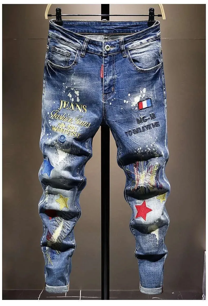 2024 Spring and Autumn Fashion Trend Printed Straight Leg Stretch Jeans Men's Casual Relaxed Breathable High-Quality Trousers