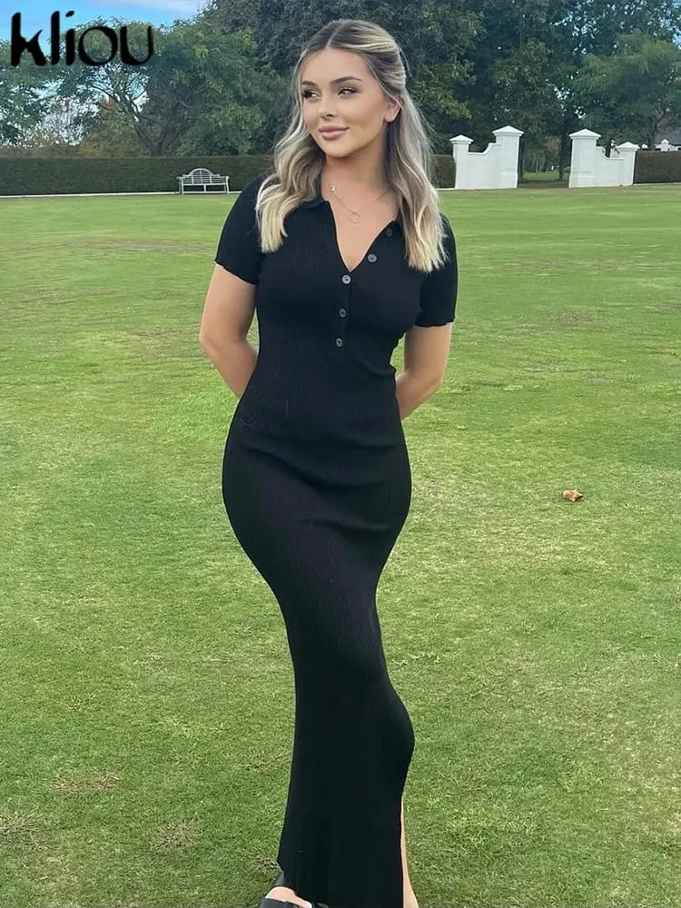 Kliou Elegant Office Lady Maxi Dress Women Solid Fashion Turn-down Collar Short Sleeve Button Side Slit Body-Shaping Street Robe — image 4