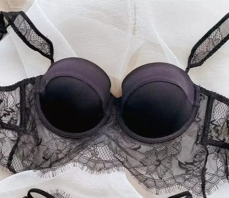 Sexy Lace Underwear Female Poly Poly Thin Soft Steel Ring up Support Anti-Sagging Collect Vice Breasts Solid Color Back Bra Set