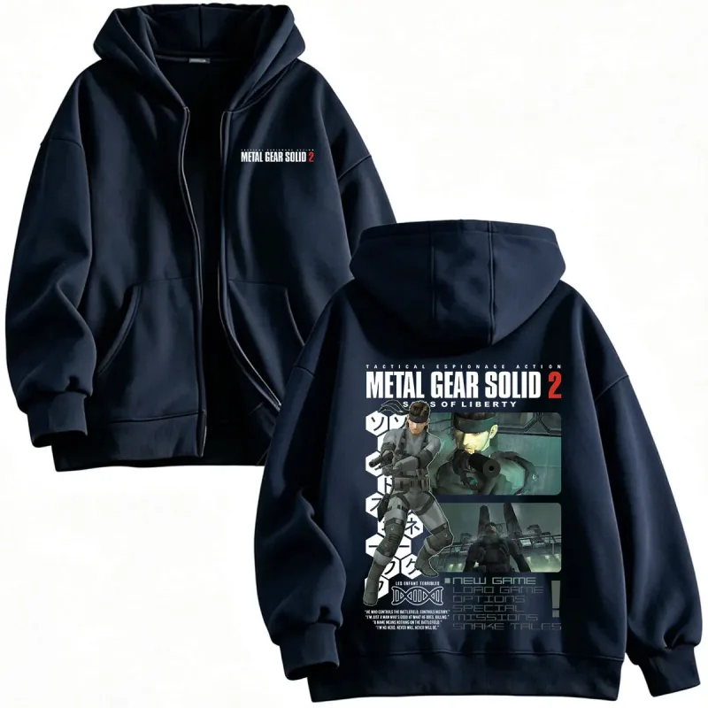 Metal Gear Solid 2 Sons of Liberty MGS2 Solid Snake Game Dragkedja Hoodies Herr Dam Fleece Zip Up Huvtröjor Jackor Kappor