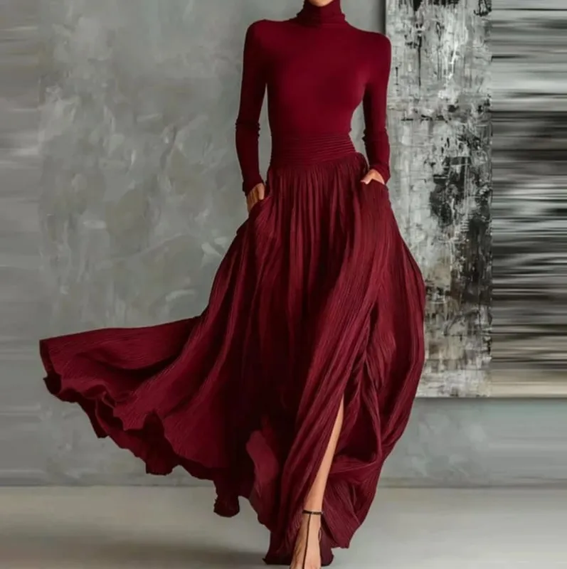 ฝรั่งเศส Elegant 2 ชิ้นชุดกระโปรงสำหรับสตรีกระเป๋า Solid Minimalist แยก Hem จีบสายคอเต่าวินเทจ Slim ชุด — image 2