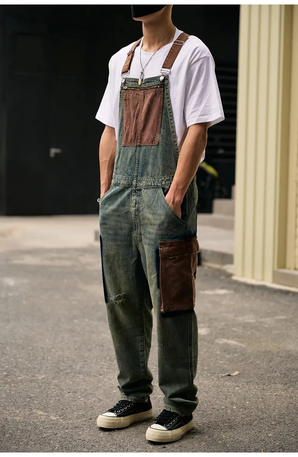 Men Big Multi Pockets Bib Overalls Vintage Blue Distressed Denim Cotton Cargo Jeans Adjustable Suspenders Coveralls Dungarees — image 9