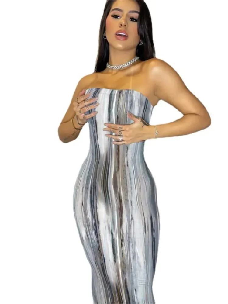 Spring And Summer Dresses For Women Chest Wrap Printed Off Shoulder Bandage Slim Sexy Long Dress 2023 New Fashion party MsChuh — image 5